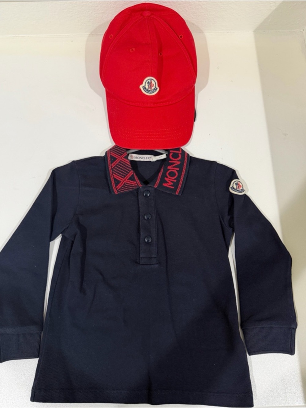 Moncler Kids Polo in Dark Blue with Patterned Red Collar